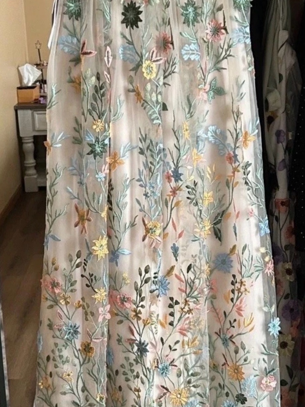Azazie Champagne Floral Maxi Dress with Green Sash - Picture 8 of 10